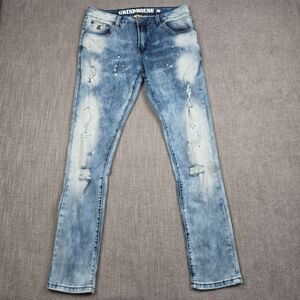 Grindhouse Denim Mens 32x32 Distressed Paint Splatter Acid Wash Slim Jeans Blue